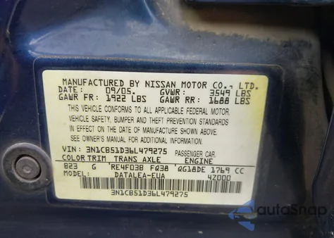 2006 Nissan Sentra 1.8S z USA, uszkodzony, nr VIN 3N1CB51D36L479275